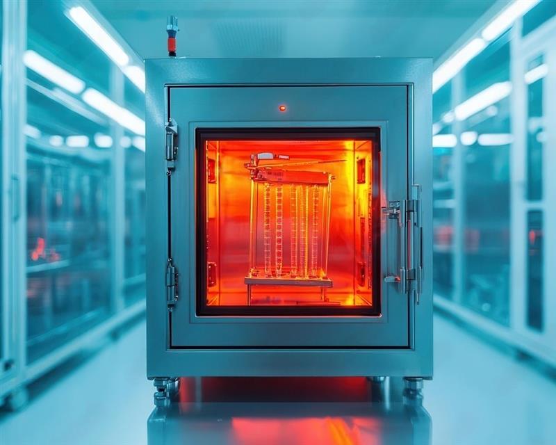 Industrial testing chamber with a glowing heated interior