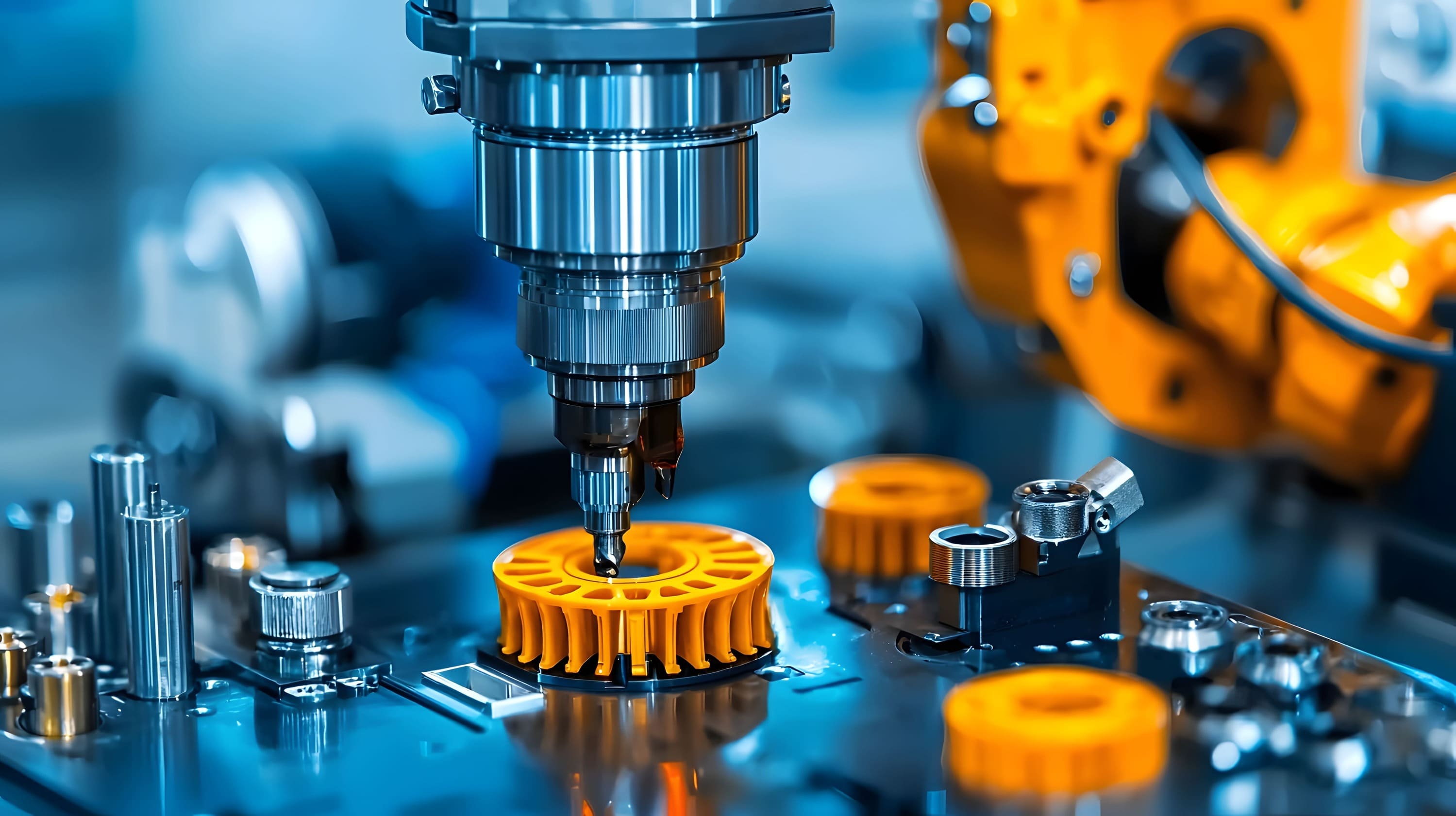 Close-up of a CNC milling machine machining an orange plastic gear component in an industrial manufacturing setting.