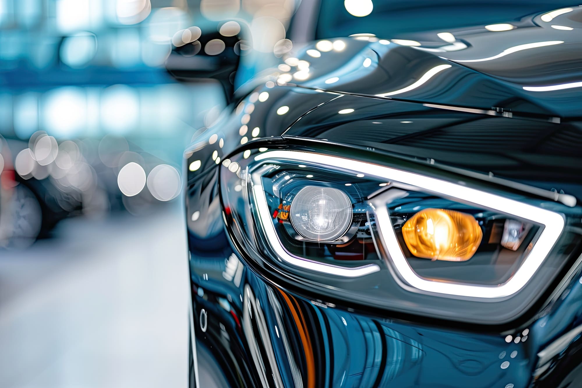 Close-up of a modern car headlight with reflective black bodywork in a showroom setting