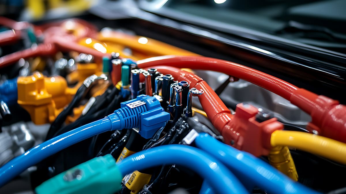 Close-up of colorful electrical cables and connectors inside an automotive or industrial electrical system.