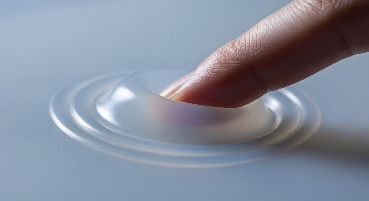 A finger presses down on the flexible, dome-shaped center of a translucent silicone diaphragm contraceptive.