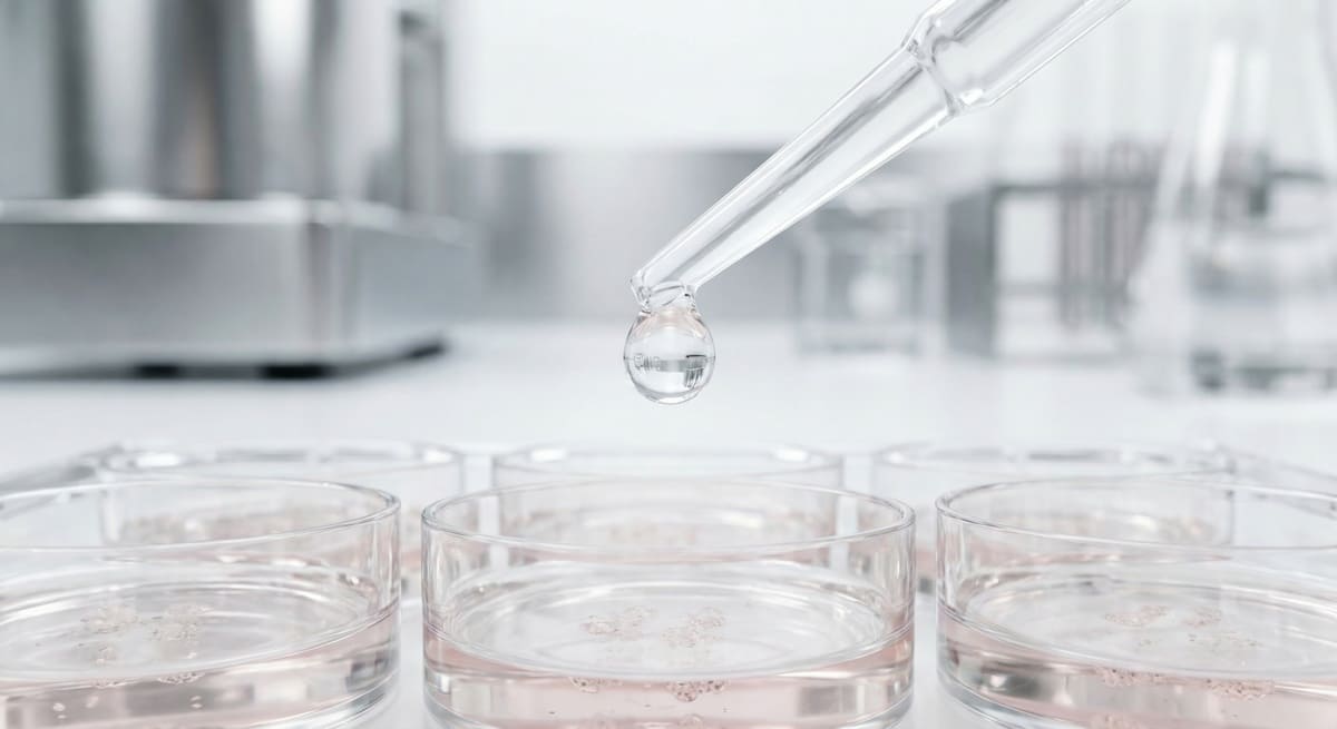 Laboratory pipette dispensing a liquid droplet into petri dishes in a clean scientific research environment