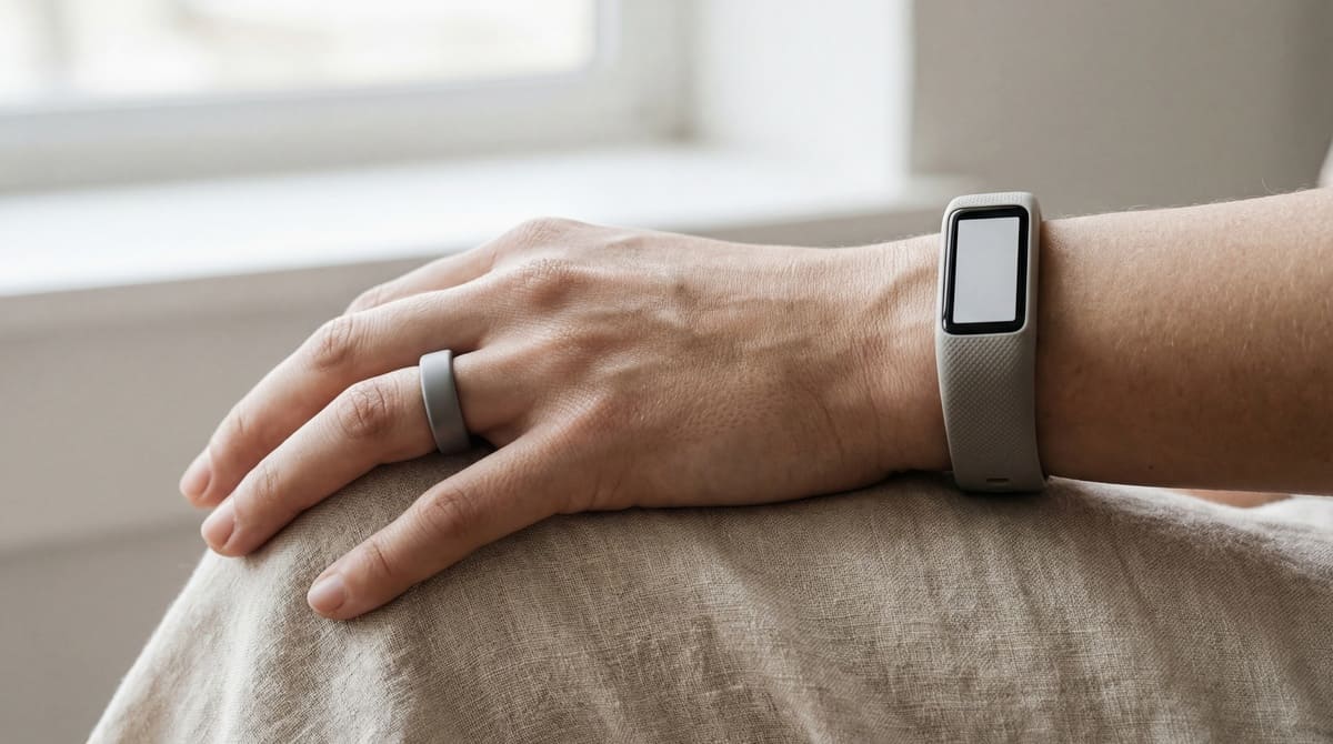 Modern, screenless health tracker on the wrist paired with a simple, solid-colored smart ring on the finger