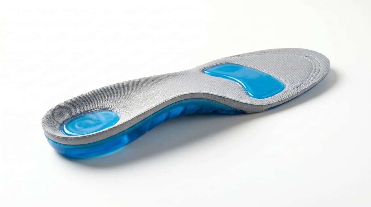 Gray orthopedic shoe insole with blue gel cushioning pads on a white background