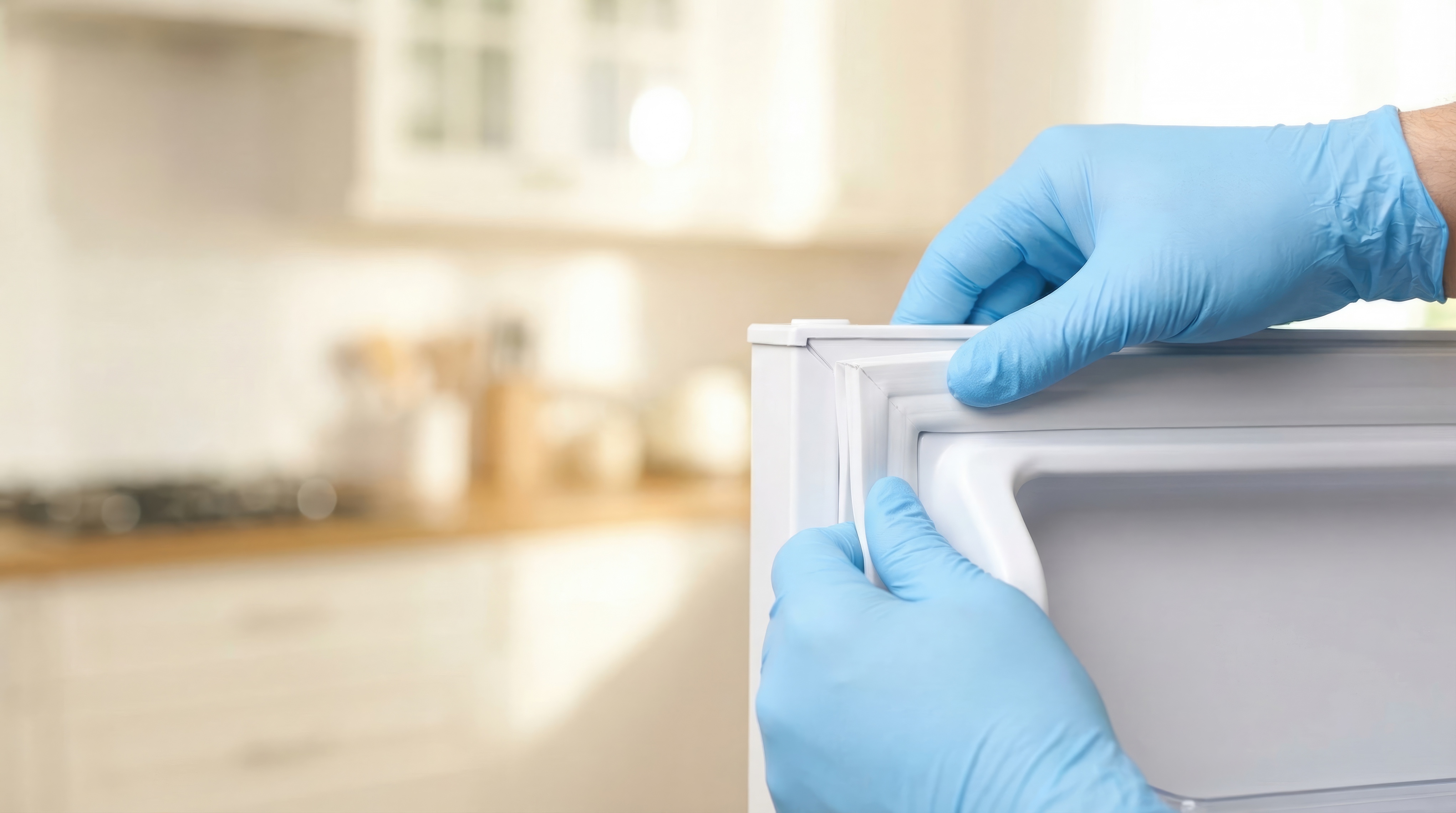Gloved hands replacing a refrigerator door seal