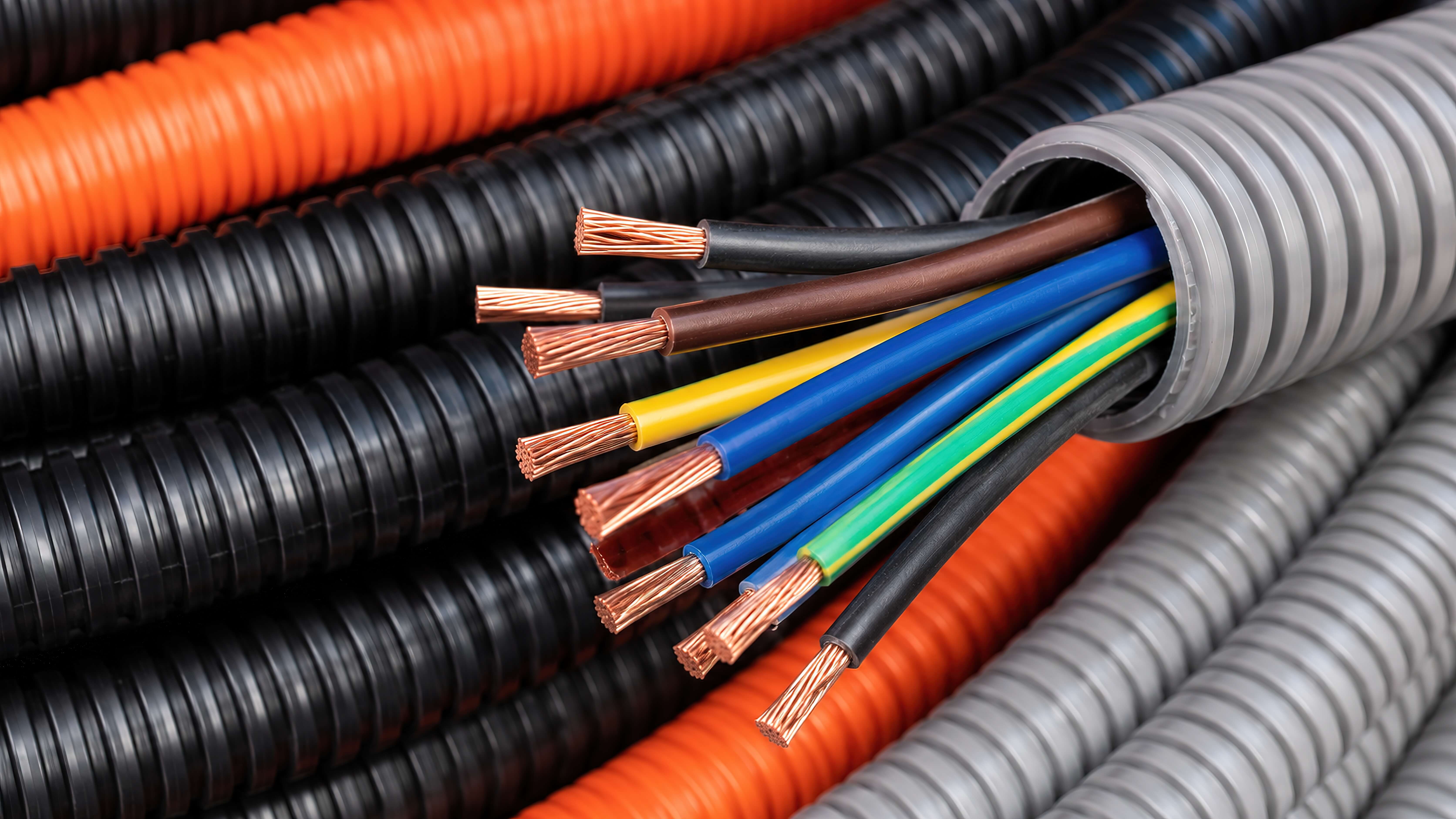 colored electrical wires inside flexible conduit tubing